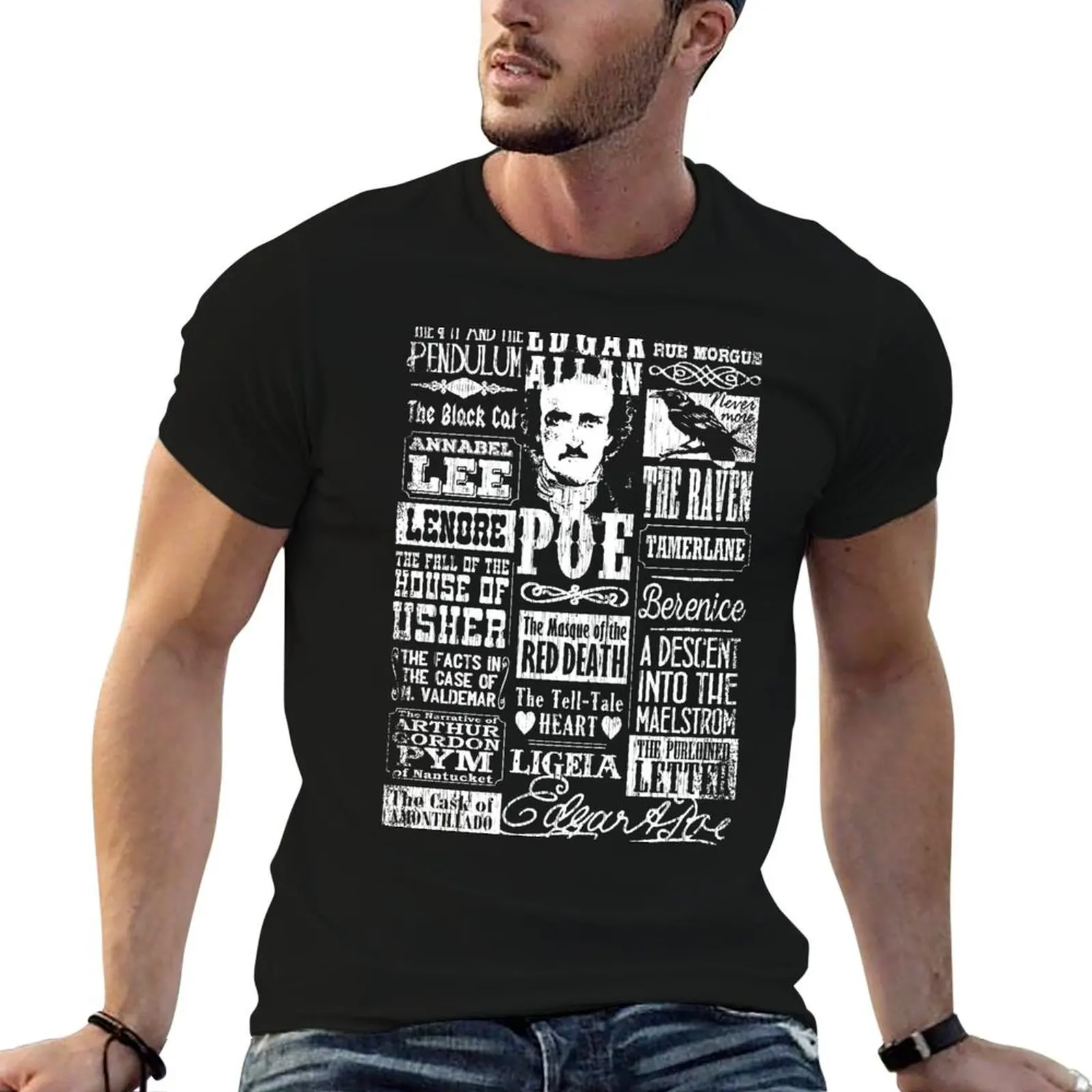 T-shirt à manches courtes anti-rides avec citations et titres de poèmes d'Edgar Allan Poe