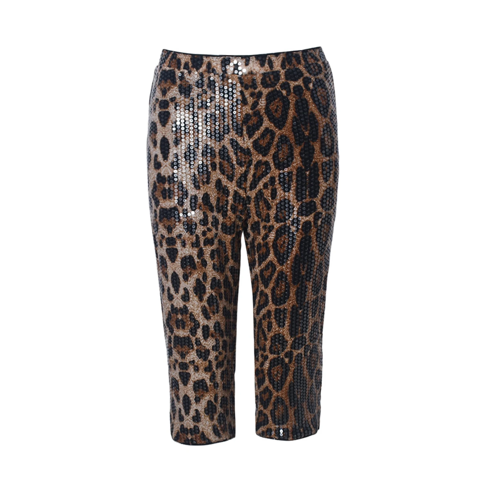 Women Sequined Leopard Capri Pants Elastic Waistband Straight Leg Stretchy Half Pants Sparkly Club Disco Trousers Party Musical