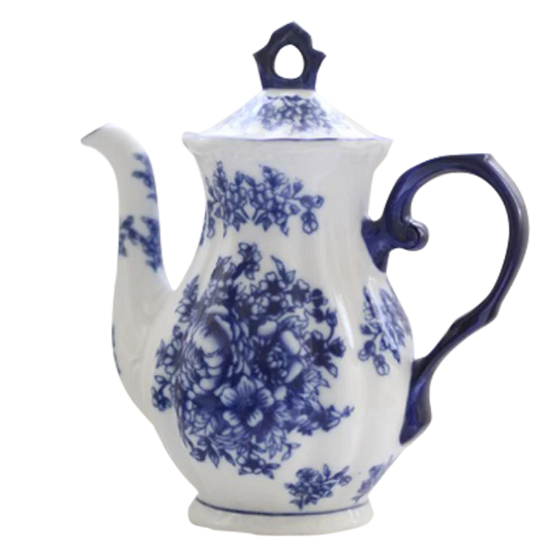 Tetera de color bajo vidriado de cerámica estilo azul y blanco, plato, olla para leche