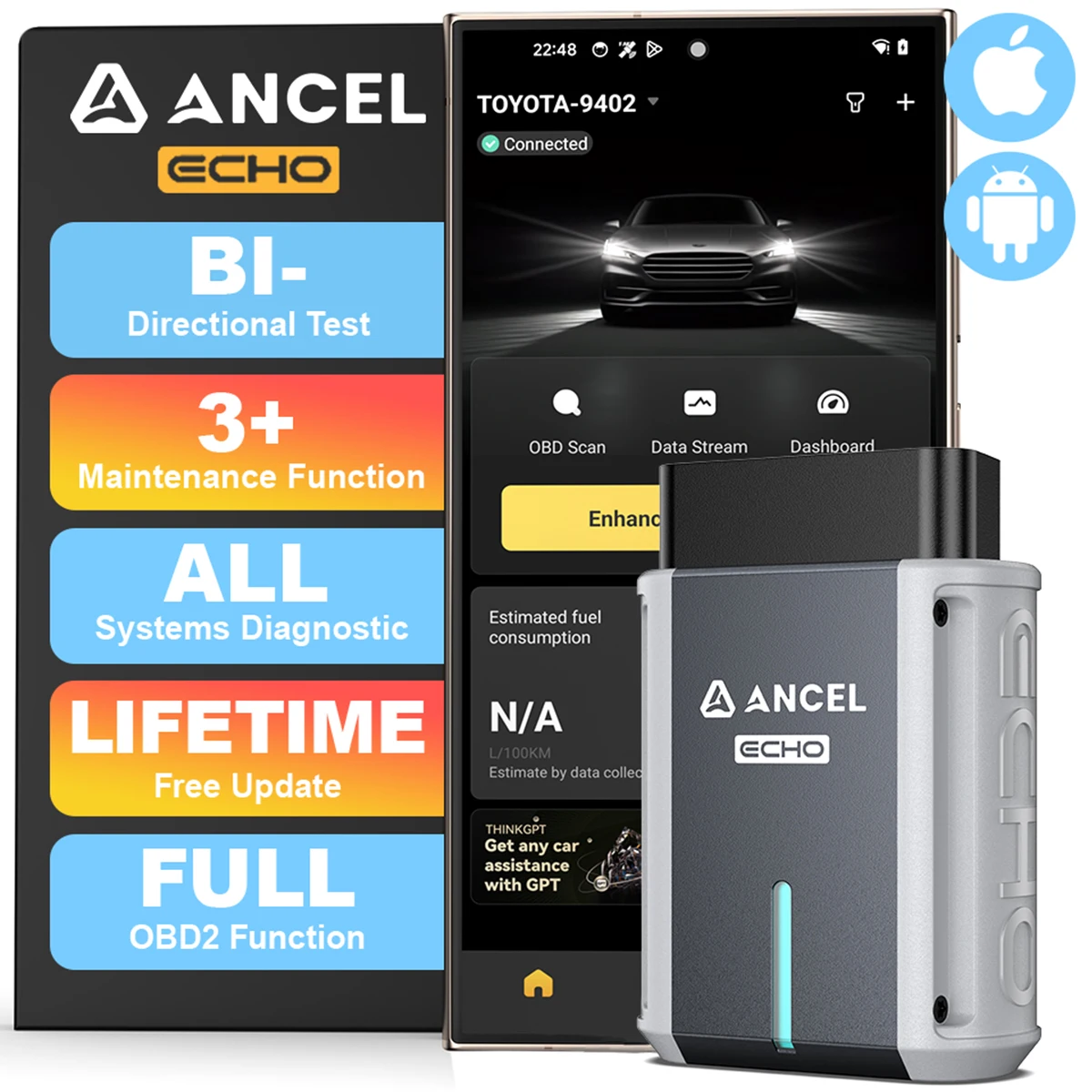

ANCEL ECHO Bluetooth OBD2 Scanner Automotive Scanner Bidirectional Oil EPB BMS Reset For iOS & Android Check Engine ﻿