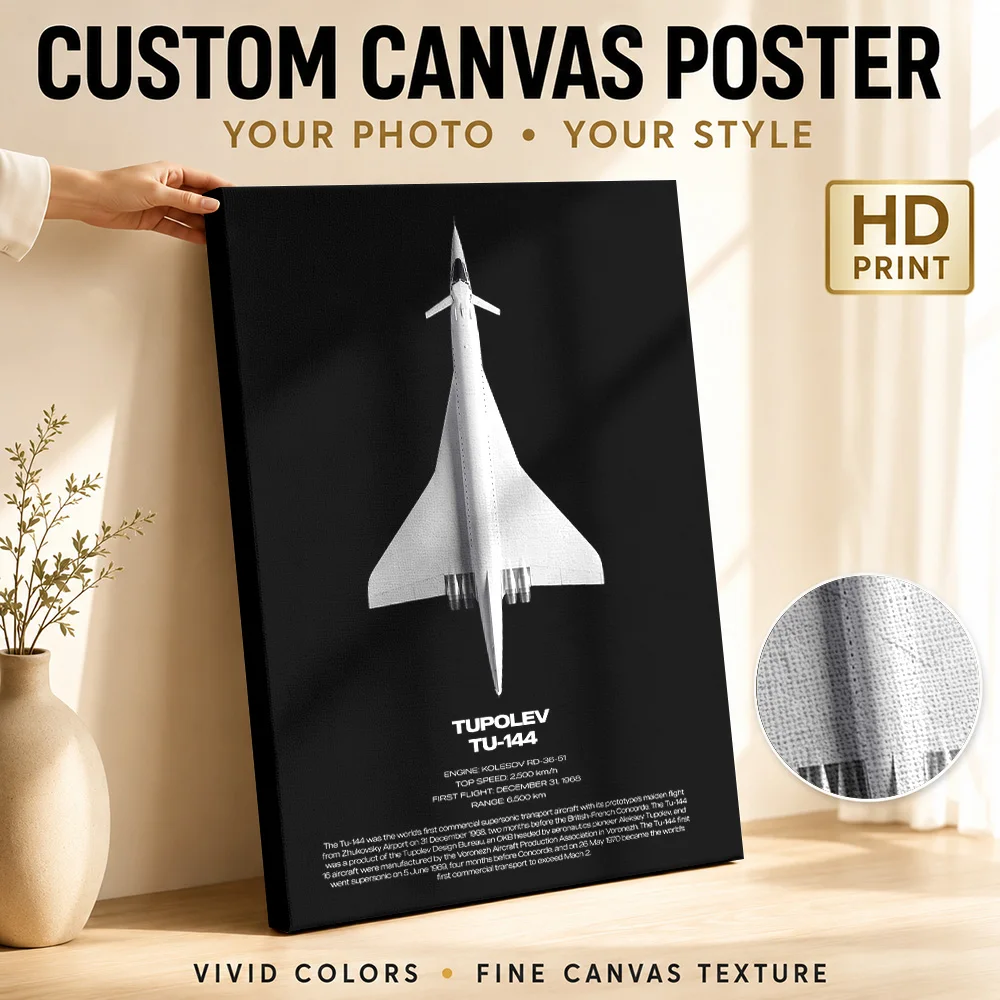 Tupolev Tu144 Aircraft Wood Framed Canvas Print Personalized Photo Top View Technical Layout Wall Art For Study Birthday Gift