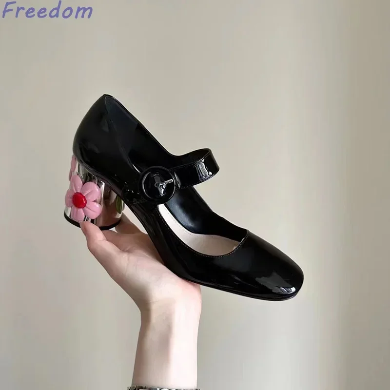 Patent Leather Round Toe Marry Jane Shoes Flowers Chunky High Heels Buckle Strap Design Laser Silver Pumps Shoes