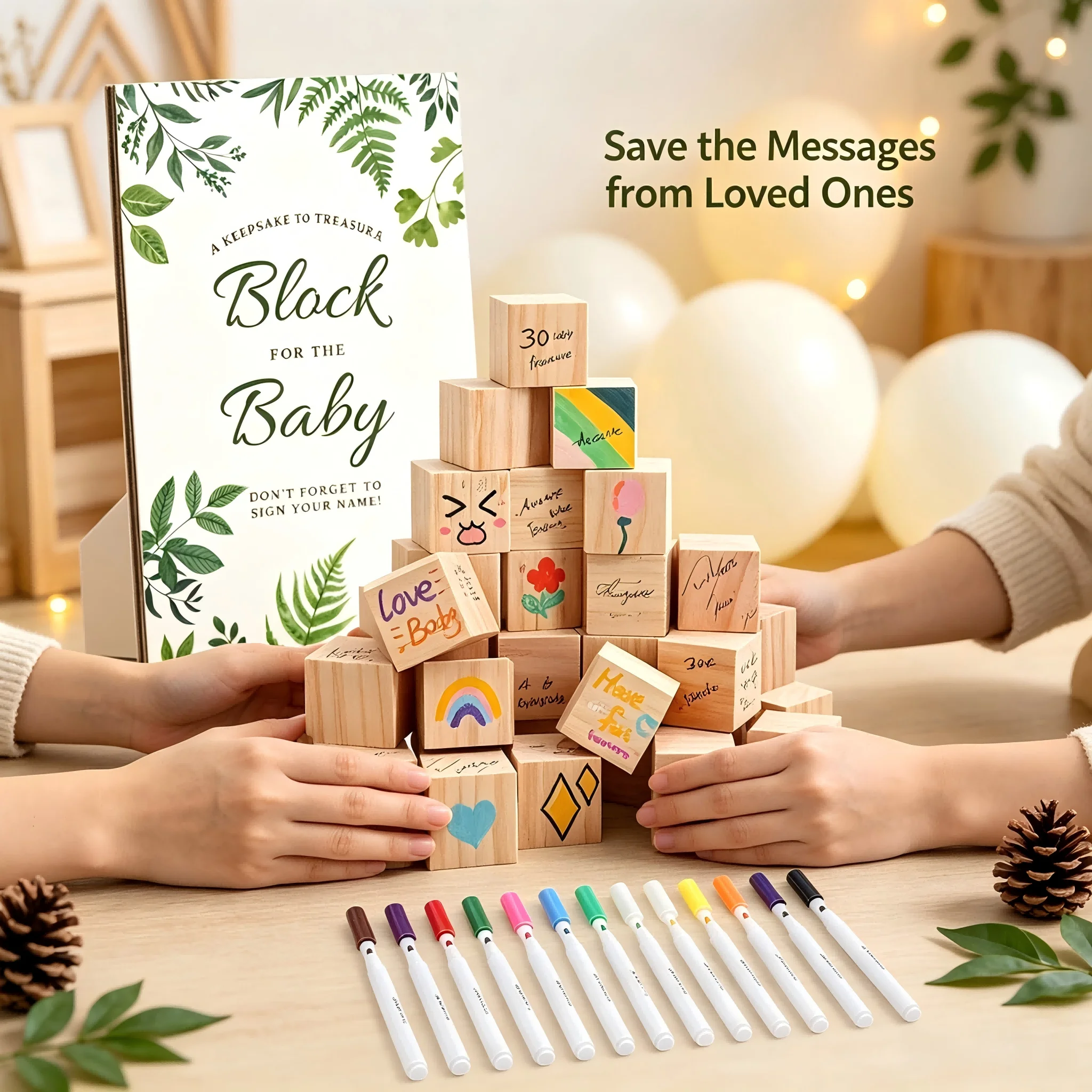 1 Set Baby Shower Decorate A Block Game Kit, 30 Blank Wooden Blocks, Wooden Sign, 12 Markers, Guest Book Keepsake Party Supplies
