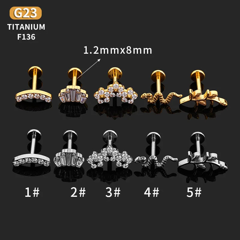 1PC G23 Titanium Ear Studs Snake Labret Internal Thread Lip Geometric CZ Helix Cartilage Lobe Jewelry