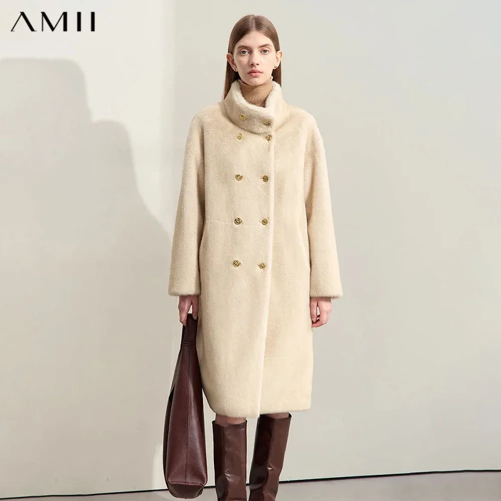 AMII Minimalism 2026 Winter New Warm Modern Turtleneck Double Breasted Imitation Mink Eco-friendly Fur Lady Fleece Coat 12424006