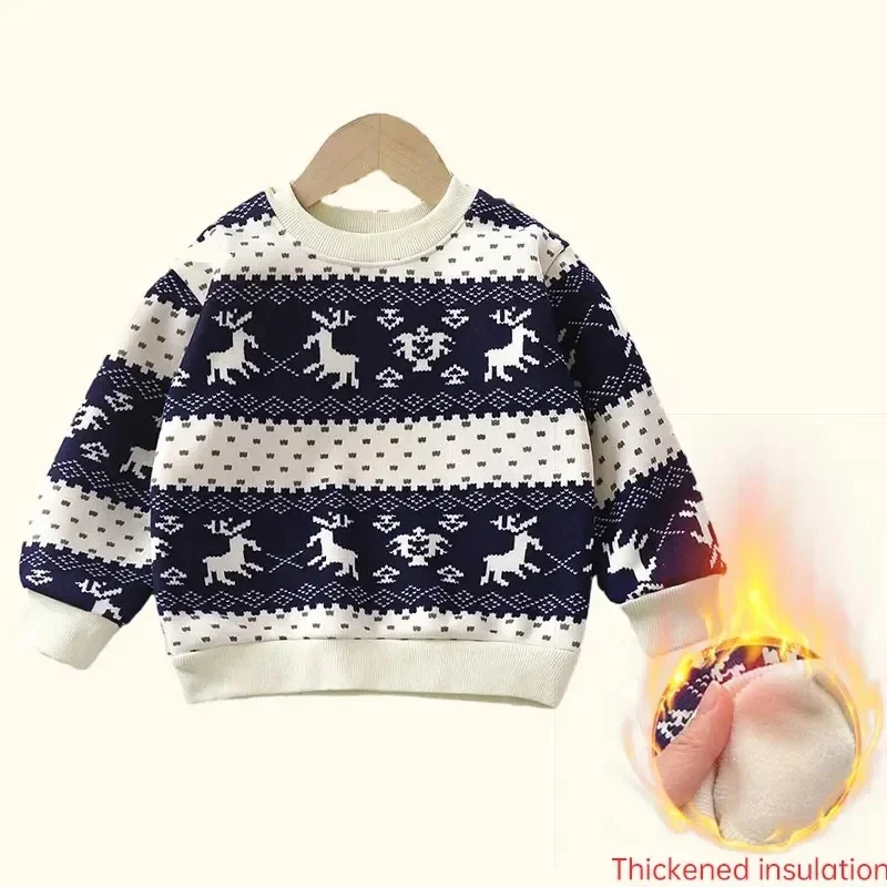 Autumn Winter Plush Velvet T-shirt for Kids Thicken Warm Printed Sweatshirts Casual Children Pullover Outwear Christmas Gifts