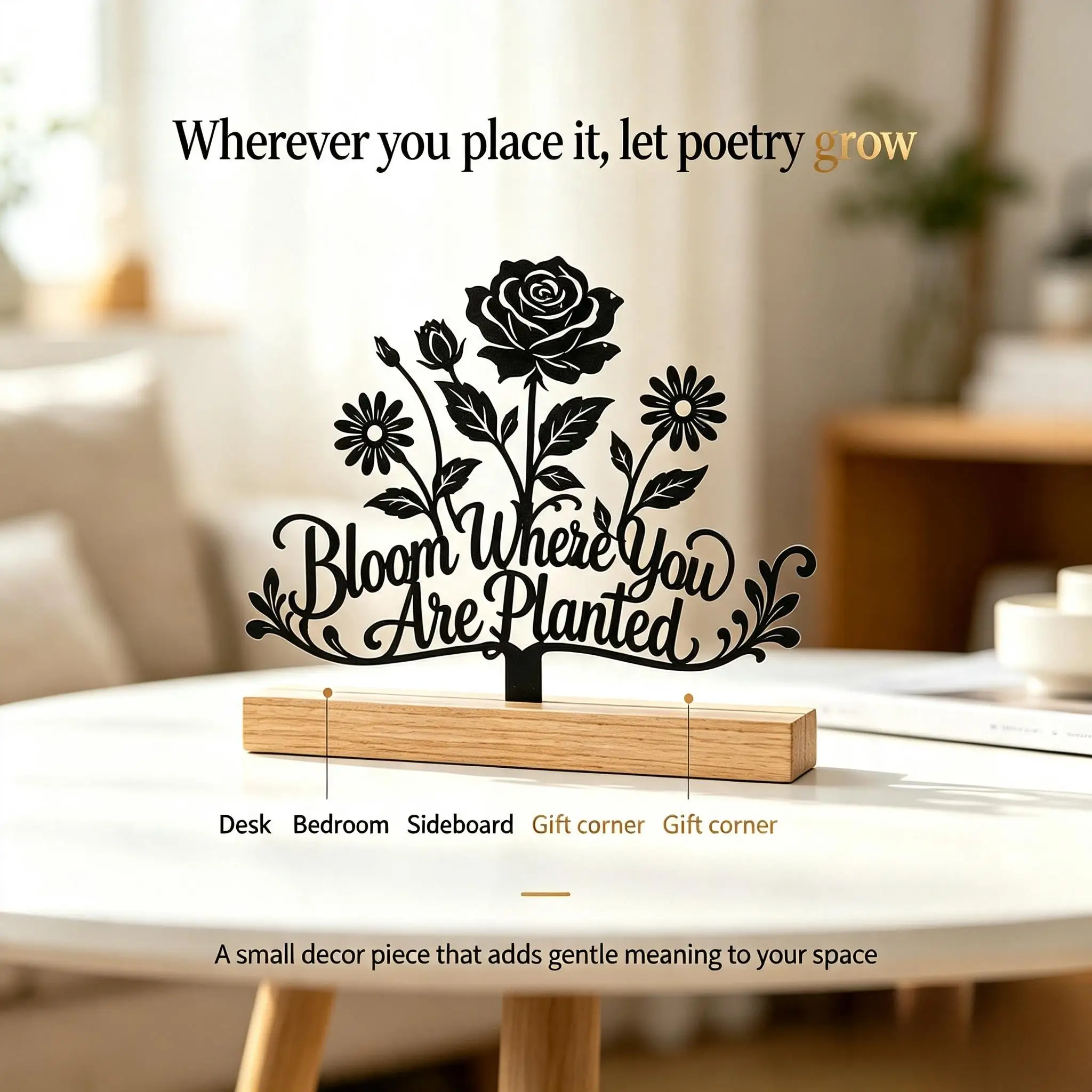 Rose Daisy Quote Metal Sign With Wood Base Artistic Desktop Creative Home Decor Ornament