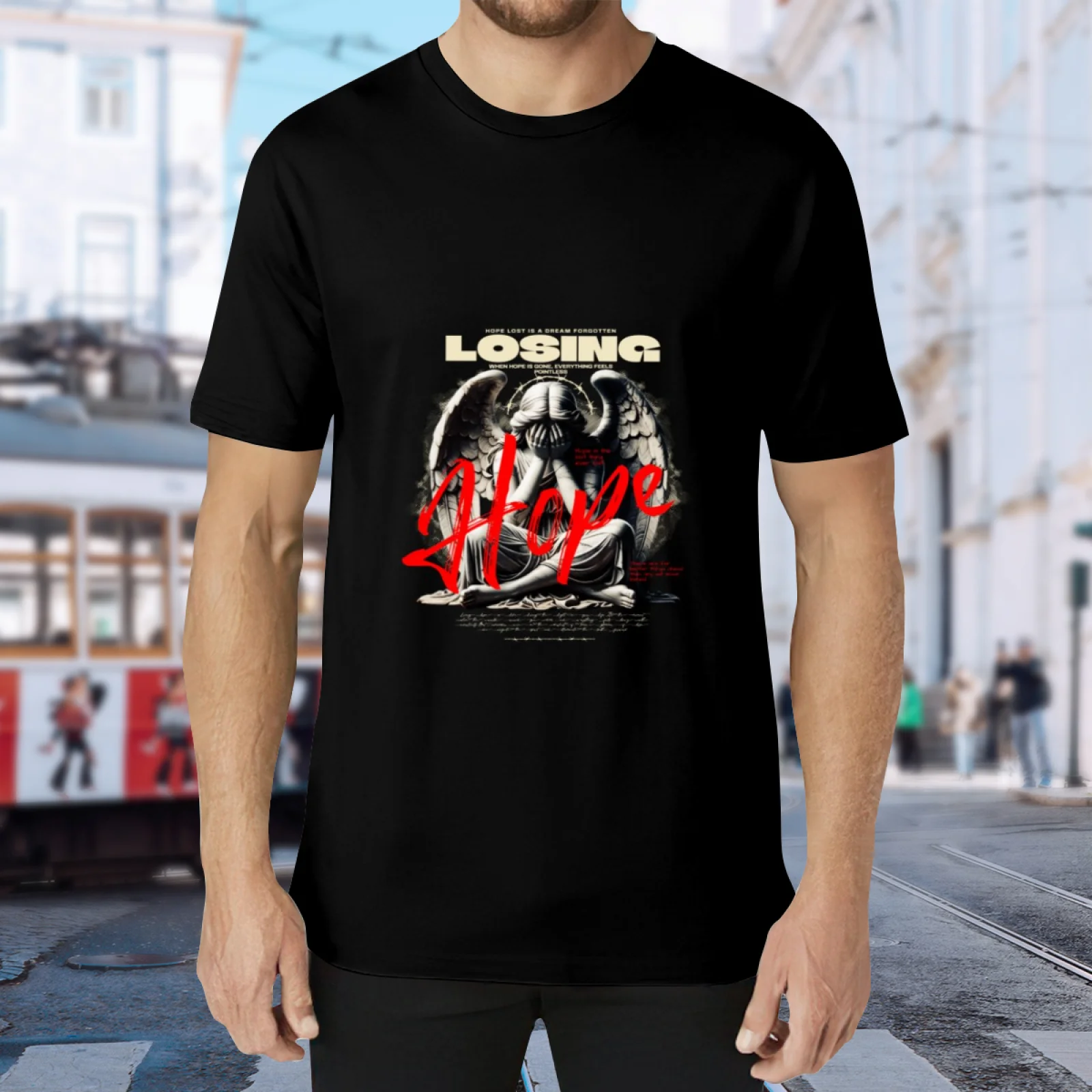 Losing Hope Fallen Angel T-Shirt Black Gothic Graphic Tee Unisex Dark Aesthetic Short Sleeve Streetwear Tops