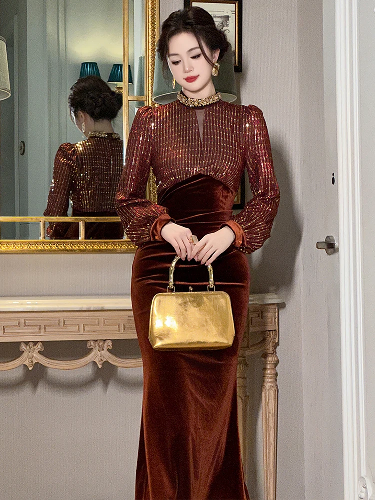 French Elegant Evening Dresses for Women Velvet Hollow Gold Sequins Luxury Diamond Prom Fishtail Robe Femme Party Vestidos Lady