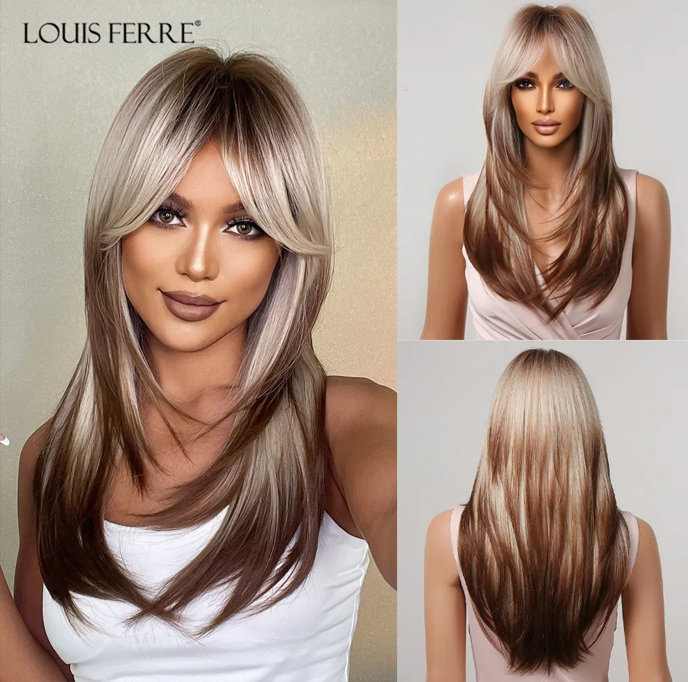 LOUIS FERRE Ombre Brown Layered Straight Synthetic Hair Wig Long Blonde to Brown Wigs With Bangs Daily Cosplay High Temperature