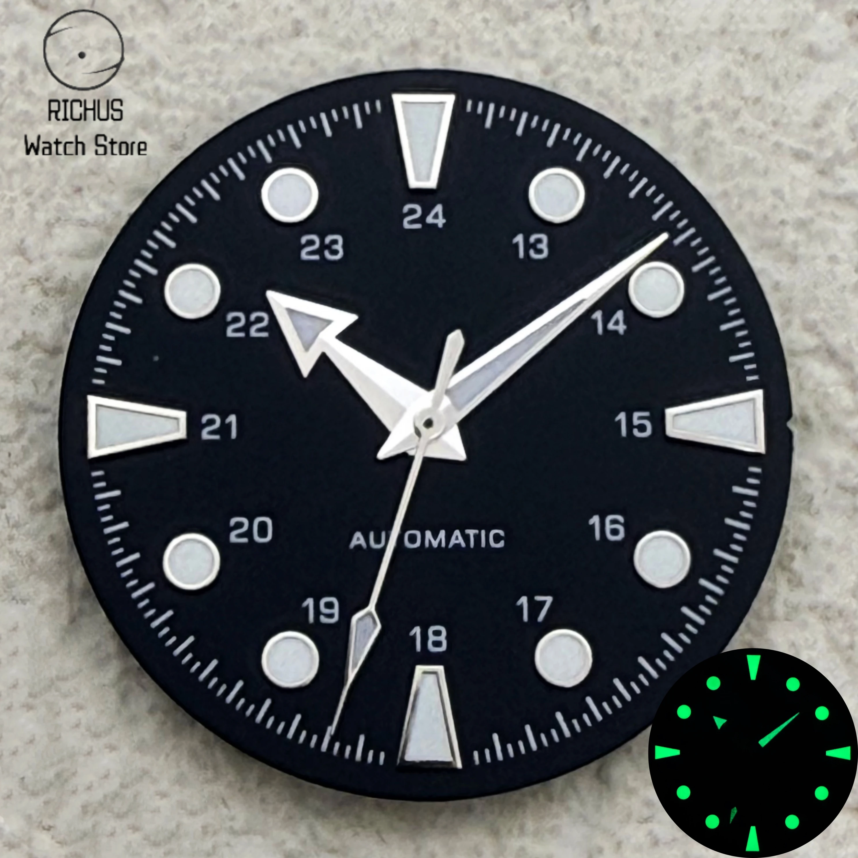 28.5mm VH31 Green Luminous 24 Hour Military Time Watch Dial with Hands Set Quartz Movement Sweep Second Mod Part for Watchmaking
