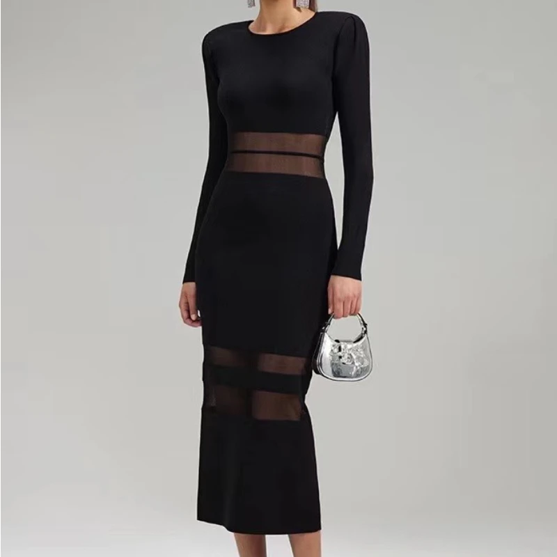 

Women Sexy Transparent Waist midi dress fashion Slim Black Knitted Midi Dress