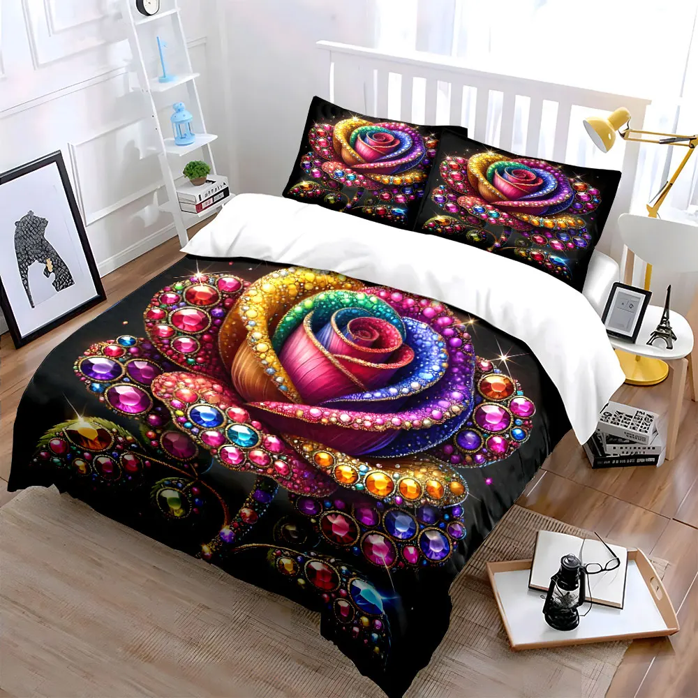 Glittering Rainbow Gemstone Rose Duvet Cover Set with 3D Printing Design Soft Polyester Bedding Set All-Season Comfort