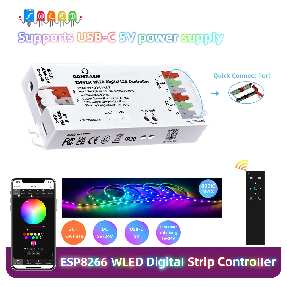 DOMRAEM ESP8266 WLED USB-C Addressable LED Controller Supports WS2811/12/12B/13/14/05 Digital Strips ETC. Level‑Shifter 16A Fuse