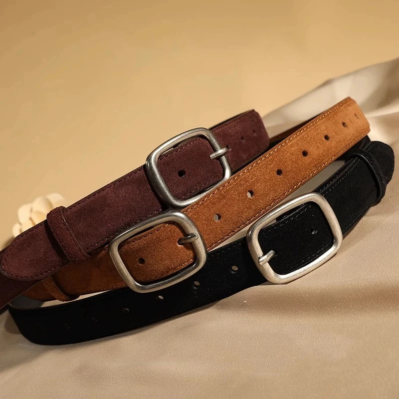 

Fashion Skinny Women Belts Vintage Suede Cowhide Belt Genuine Leather Belts Female Dress Coat Decoration Silver Buckle Waistband