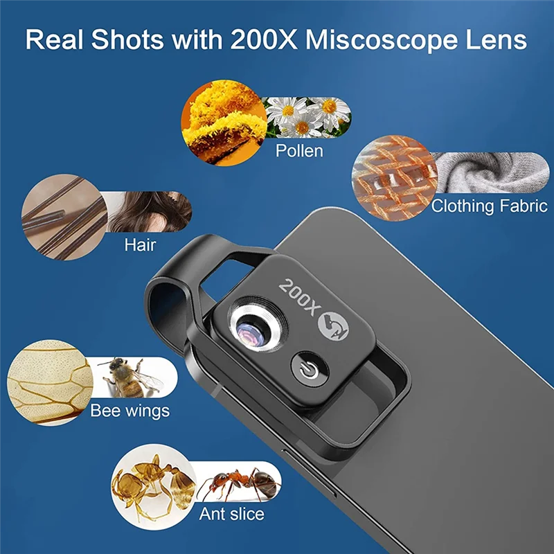 200X Cell Phone Microscope Accessory with Lens, Portable Mini Digital Microscope with LED Light/Universal Clip