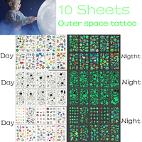 10 Sheets Cartoon Outer Space Astronauts Theme Luminous Temporary Tattoo Face Body Stickers for Kids Birthday Party Favors Gifts