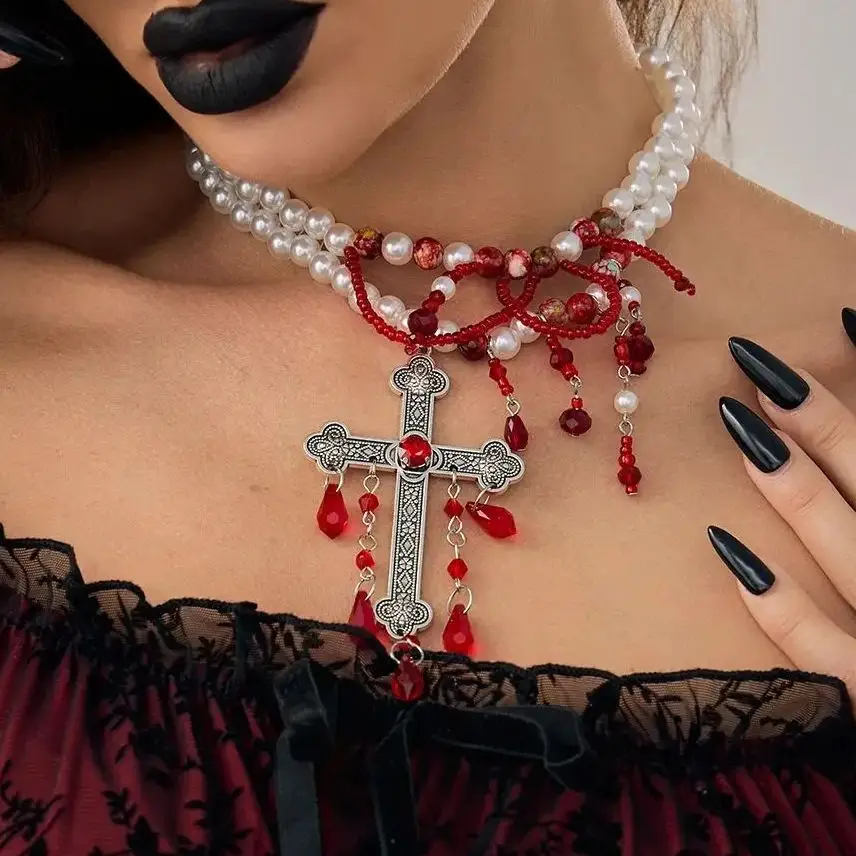 SHIXIN Goth Imitation Pearl Red Crystal Blood Drop Tassel Choker Necklace for Women Hiphop Halloween Jesu Cross Pendant Necklace
