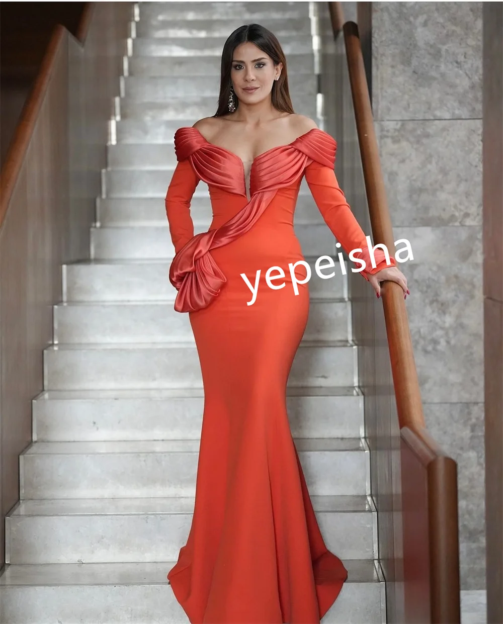 Customized Elegant Jersey Pleat Trumpet Off-the-shoulder Long Dresses Prom  High Quality Exquisite Classic Fashion