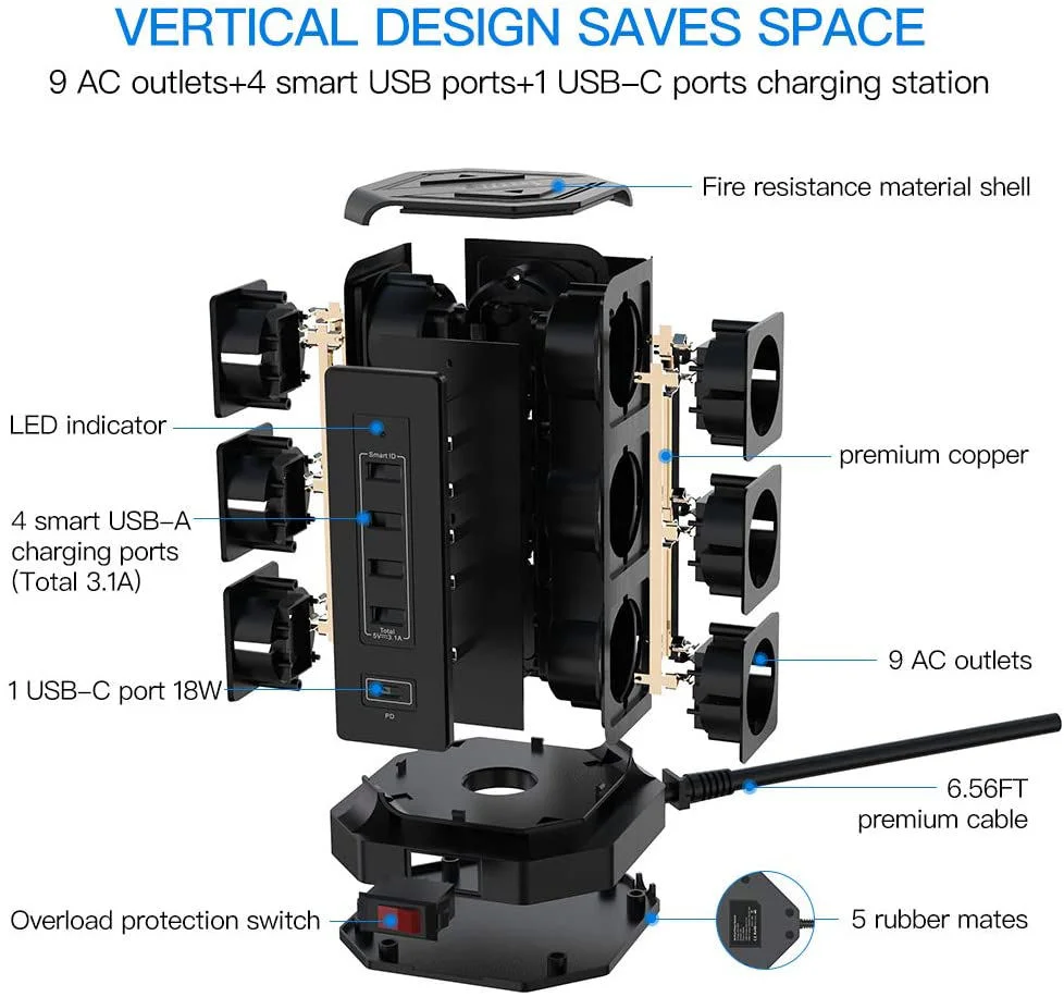 Martery-EU電気タワー,krソケット,USBタイプCケーブル,サドルサーキットプロテクター,2m延長コード
