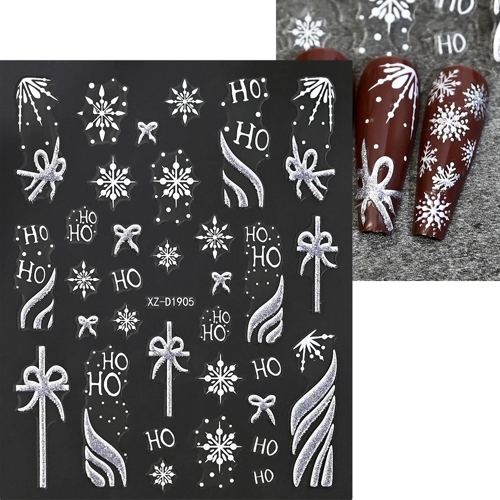 12 Stücke Silber Glitter Weihnachten Nagelaufkleber 3D Winter Schneeflocke Elch Weihnachtsmann Klebeschieber Weihnachten Abziehbilder Nageldekoration