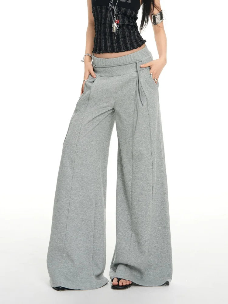

Women's Grey Wide Leg Casual Pants Y2k Streetwear Loose Fit Low Waist Drawstring Sweatpants Female 2026 Fashion