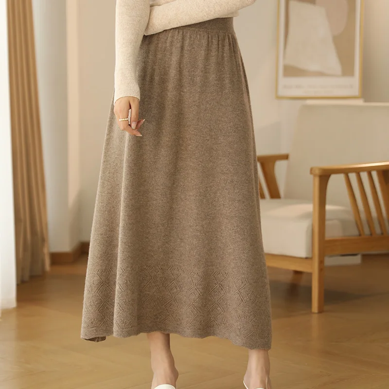 

2022 Autumn Winter New Cashmere Knitted Skirt Women's Mid-length High Waist A-line Skirt Elastic Waist 100%Wool Skirt For Female