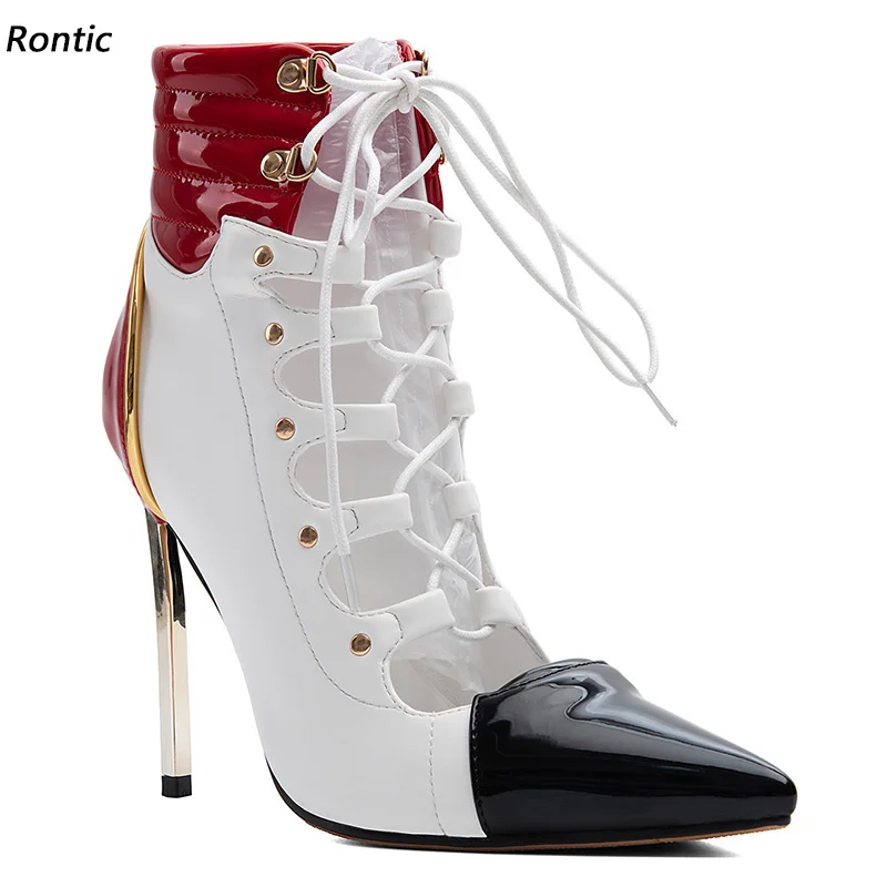 Rontic Handmade Women Spring Pumps Sexy Stiletto Metal Heel Pointed Toe Beautiful Color Blocking Party Shoes Ladies US Size 5-15