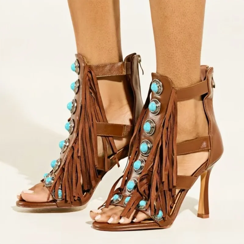 Women Brown Leather Fringe High Heel Sandals Turquoise Stone Decor OpenToe Stiletto Heel Shoes Cutout Party Unique Strappy Shoes view 3