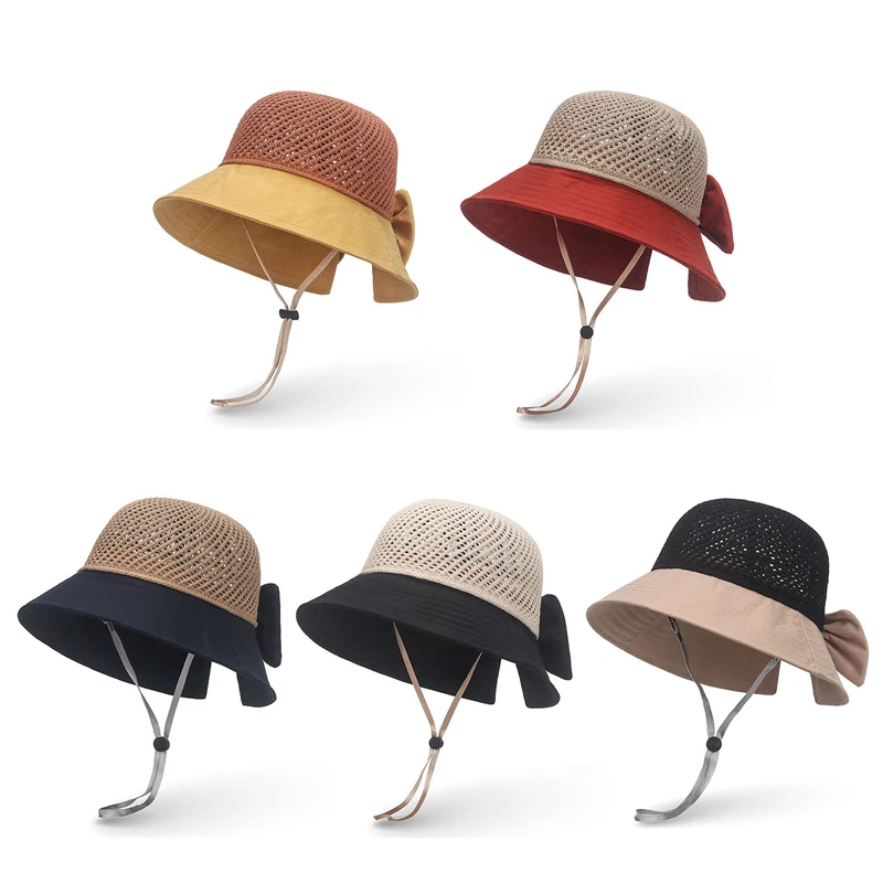 

Summer Outdoor Sweet Bow Bucket Hat Women Lady Mesh Hollow Out Empty Top Folding Sun Hats Beach Panama Fisherman Cap