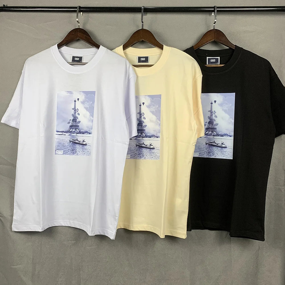 American Style KITH Eiffel Tower Print Loose Fit Men's Cotton T-Shirt Short Sleeve Fashionable Streetwear Hip Hop Basic