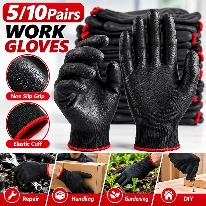 5/10Pairs Black Coated Palm Work Gloves for Gardening Construction Assembly Repair Warehouse Handling General Utility Supplies
