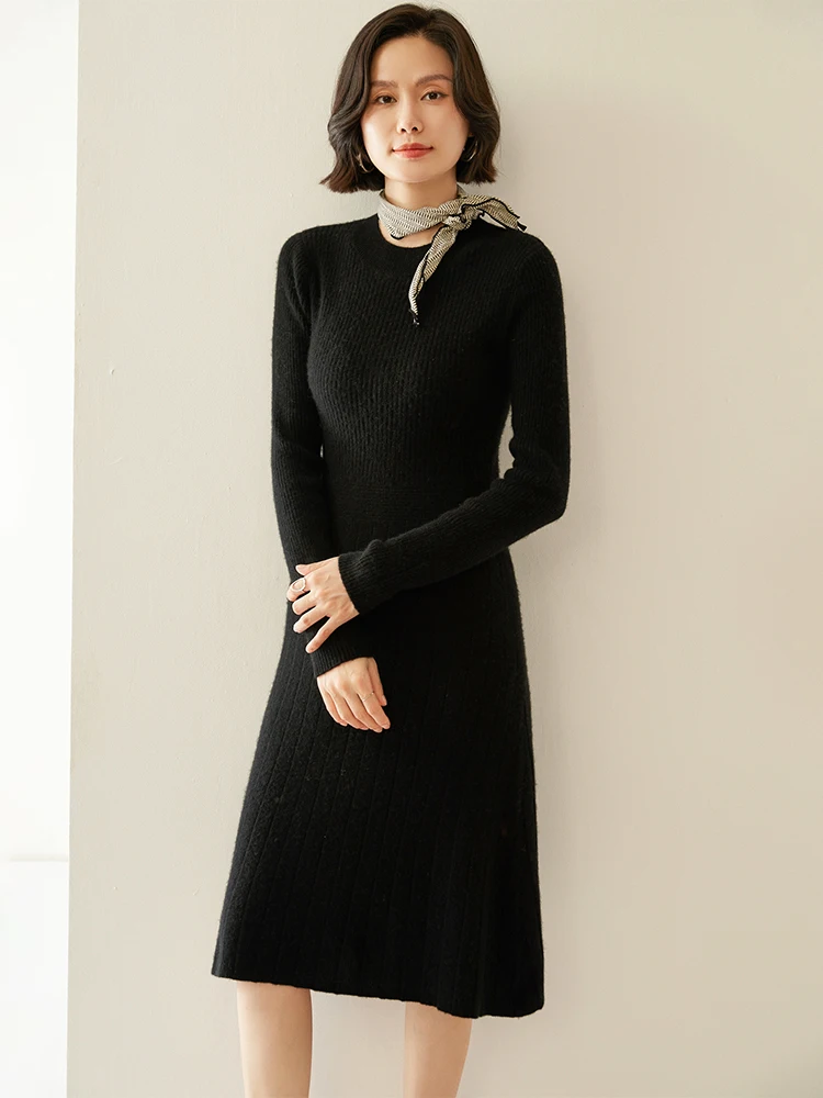 Women's Long Cashmere Slim Dress Mock Neck Simple Dresses Autumn Winter 100% Cashmere Knitwear Office Lady Grace Knitted Dress