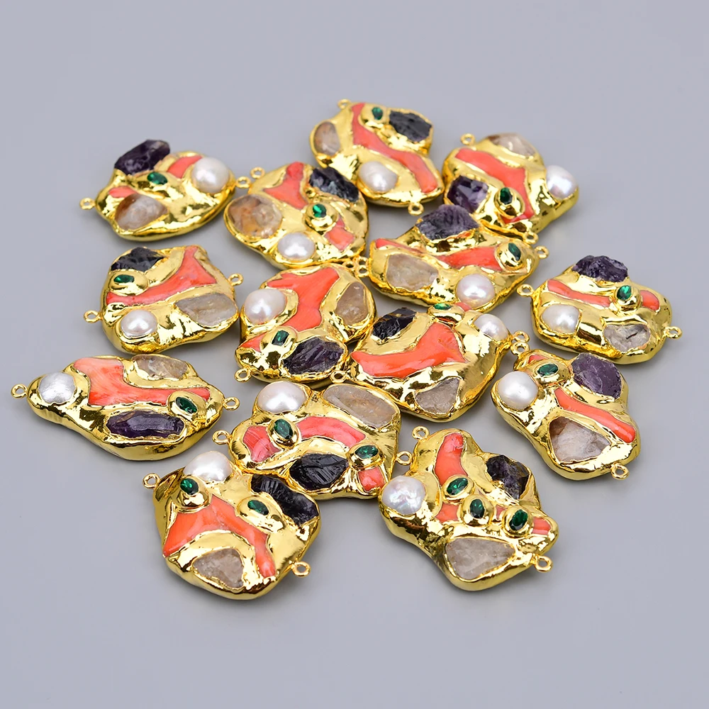 APDGG 5 Pcs 35x42mm Large Natural Multi Gems Coral Pearl Amethyst Citrine Crystal Connector Pendant