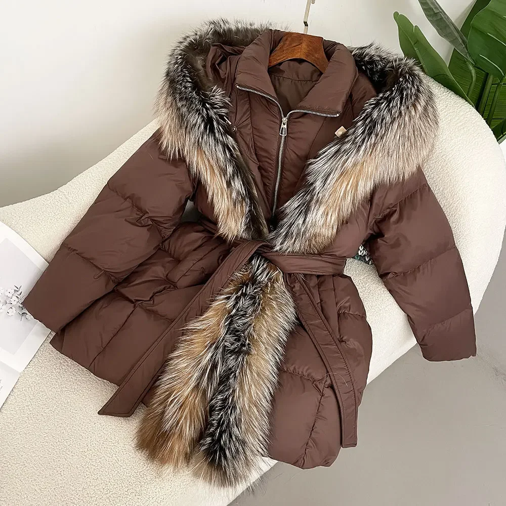 2024 Winter Jacket Women Thick Warm Streetwear Casual Hooded Natural Real Fox Fur White Duck Down CoaOuterwear Puffer Jacker