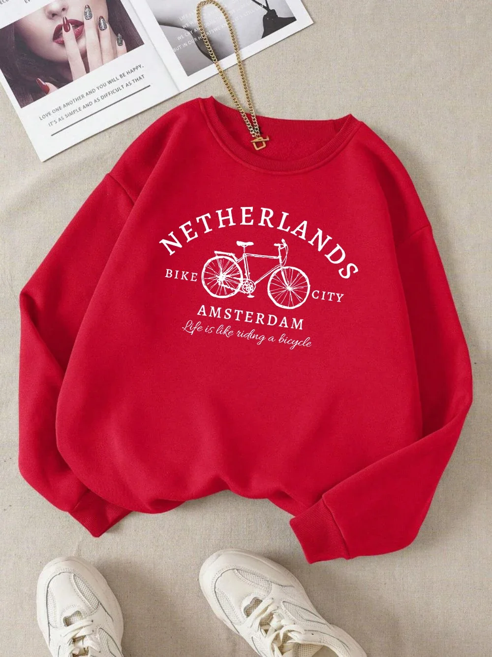 Famous Amsterdam bicycle design men's and women's casual round neck versatile youth sports Harajuku street hoodie