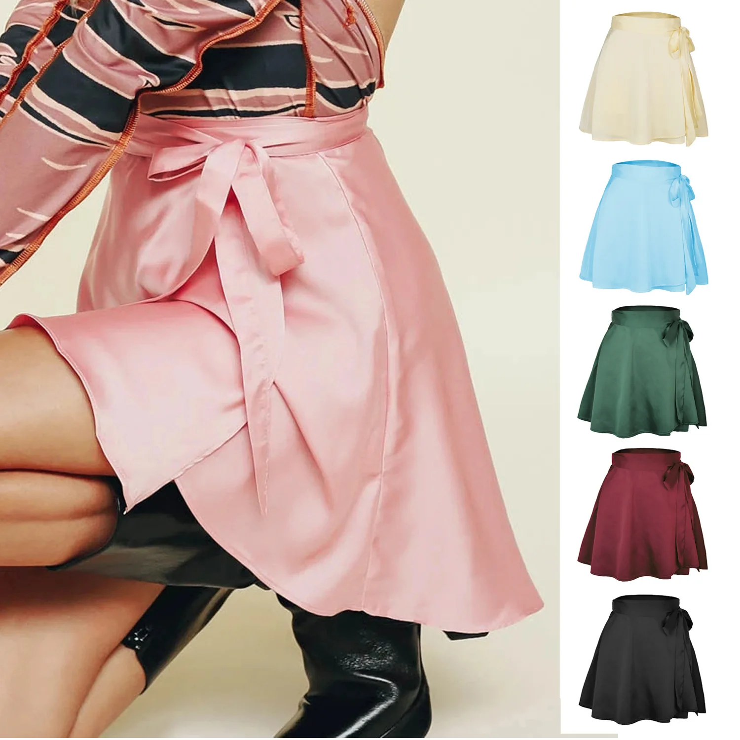 Summer Women Skirt 2024 Belt Chiffon Satin Surface One-piece Type Pure Color Tall Waist Fashion Skirt Women Elegant WSL4611