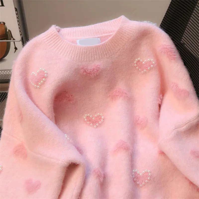 

Women in Autumn and Winter Gentle Soft Glutinous Lazy Style Sweet Loose Wool Knitted Sweater Beaded Love Sweater