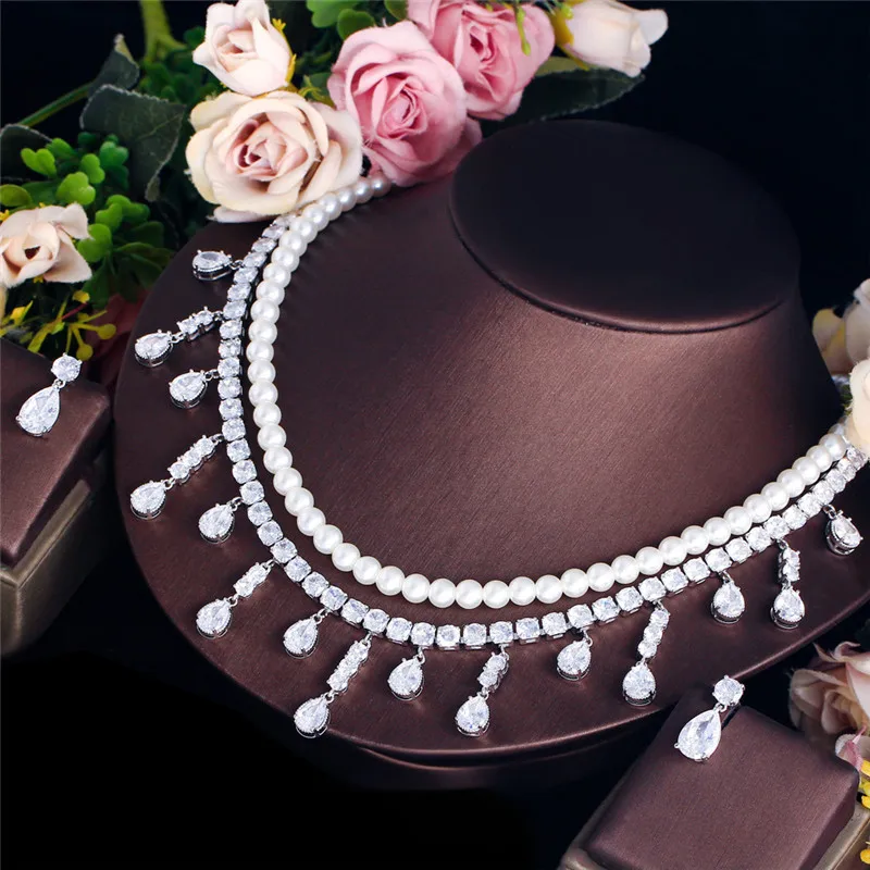 CC Elegant Stud Earrings Necklace Sets for Women Wedding Accessories Bridal Dress Engagement Imitation Pearl Jewelry Set T0313