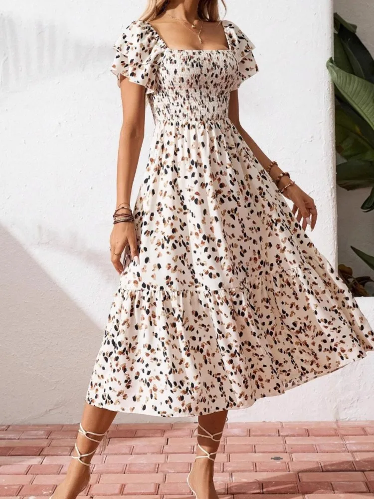 

Summer Dress Elegant Sexy Floral Print Dress Women's Short Sleeve Boho Beach Holiday Long Dresses Vestidos Para Ropa De Mujer