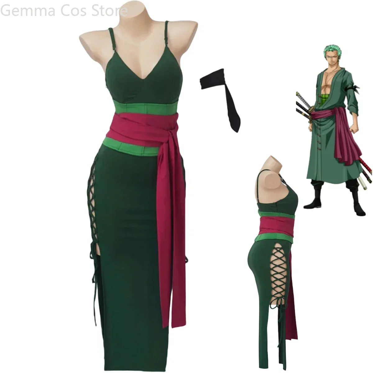 

Anime Roronoa Zoro Cosplay Costume Female Version Green Sexy Suspenders Dress with Belt Woman Carnival Halloween Suit