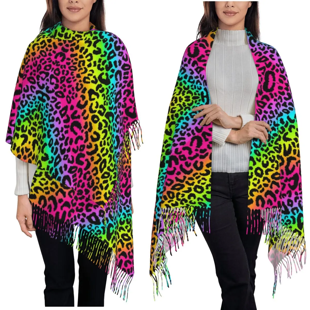 Colorful Rainbow Leopard Spots Pattern Scarf Tassel Scarves for Women Soft Warm Shawls and Wraps Long Fall Winter Shawl Wrap