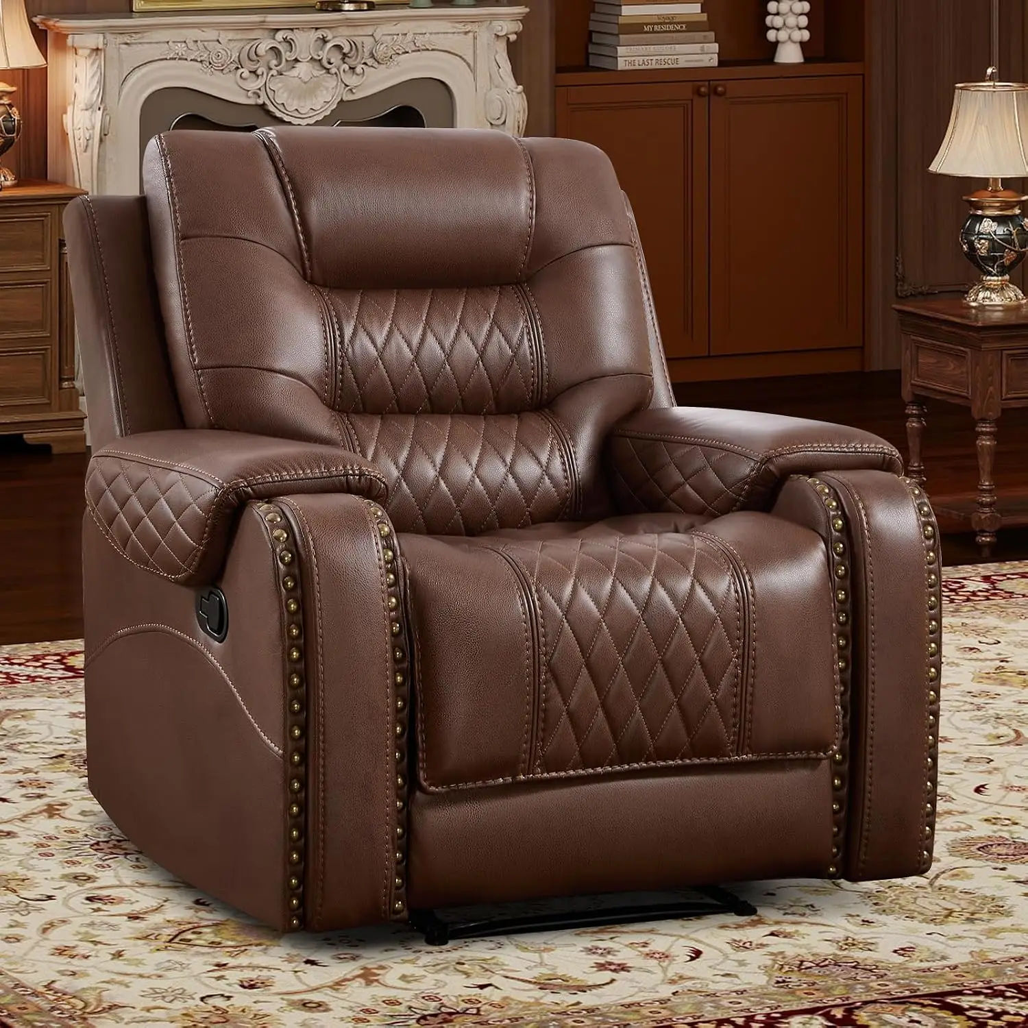 Manual Recliner Chair Faux Leather Adjustable Lounge Overstuffed Sofa Vintage Rivet Mid-Century Living Room, Customized