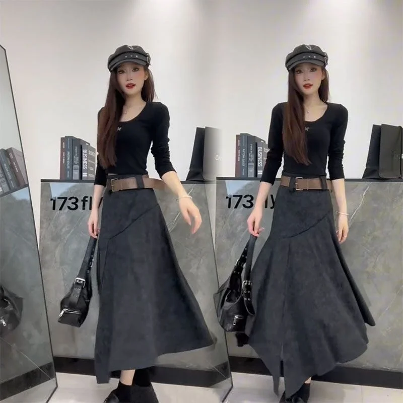 

Модный асимметричный женский комплект с длинными рукавами: новый весенний универсальный топ и юбка с высокой талией, расклешенная юбка