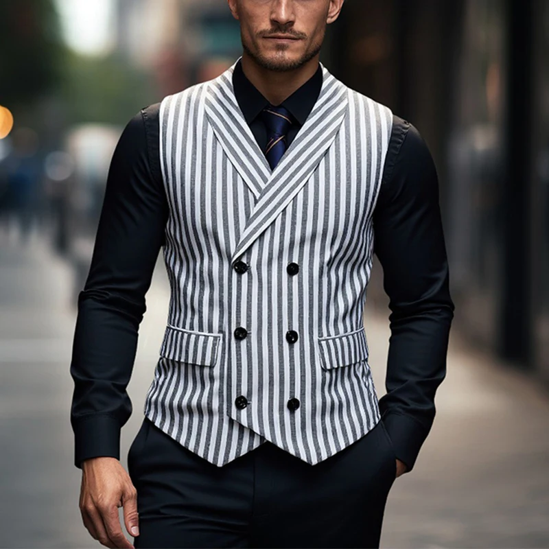 Trendy Slim Fit Mens Waistcoats Spring Casual Turn-down Collar Double-breasted Vest Jacket For Men Autumn Vintage Striped Coats