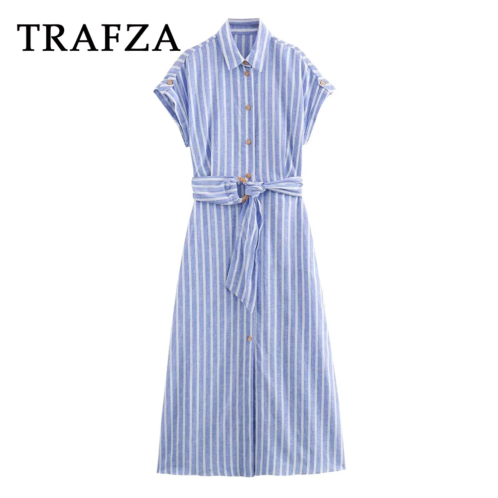 

TRAFZA 2024 Summer Casual Linen Striped Women Dresses Single Breasted Midi Skirts Sashes Short Sleeve Fashion Women Dresses