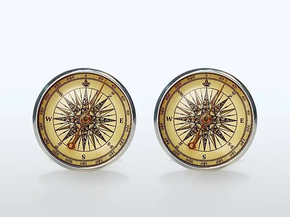 High Quality Vintage Compass French Shirt Cufflinks Fashion Brand Glass Cuff  Mens Groom Accessories Sleeve Button Man Woman