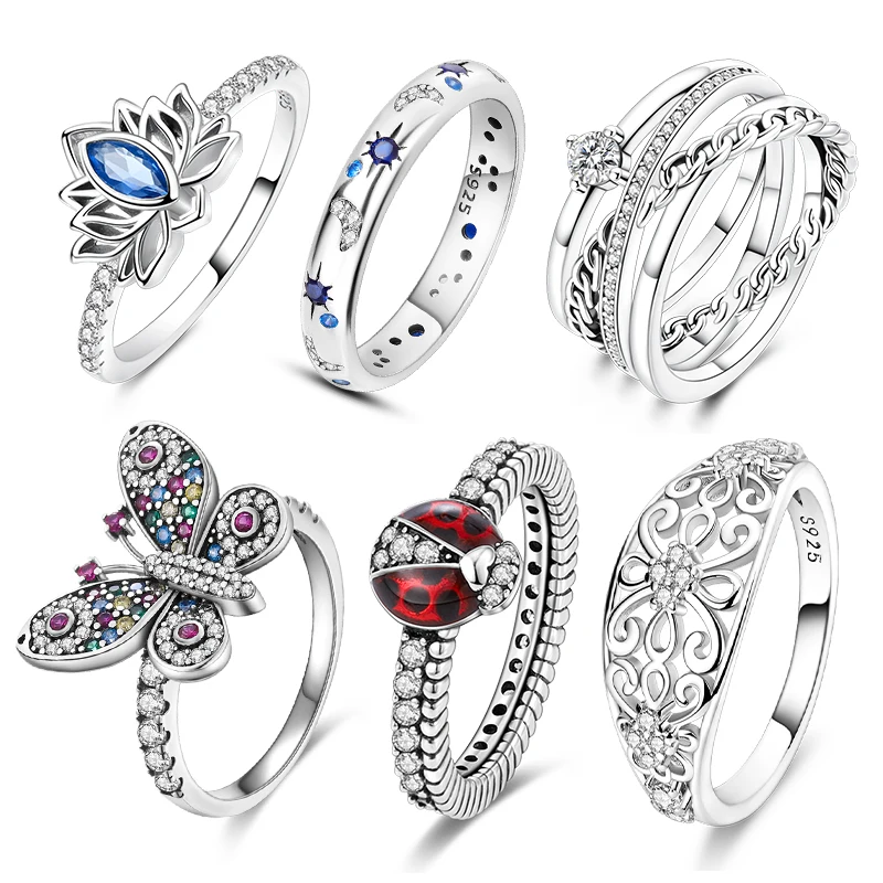 925 Sterling Silver Rings For Women Original Crown Ladybug Wedding Stars And Moon Crystal Ring Luxury Woman DIY Jewelry Gifts