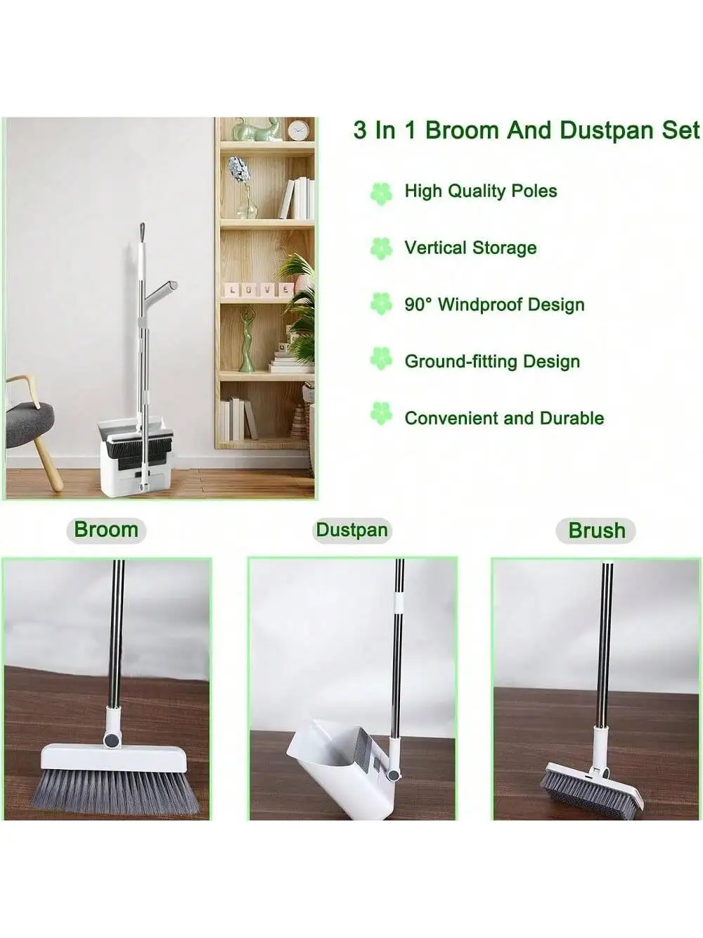 3 In 1 Broom With Dustpan Combo Set, Brooms For Sweeping Indoor And Outdoor Long Handle Broom And Dustpan Set Push Broom