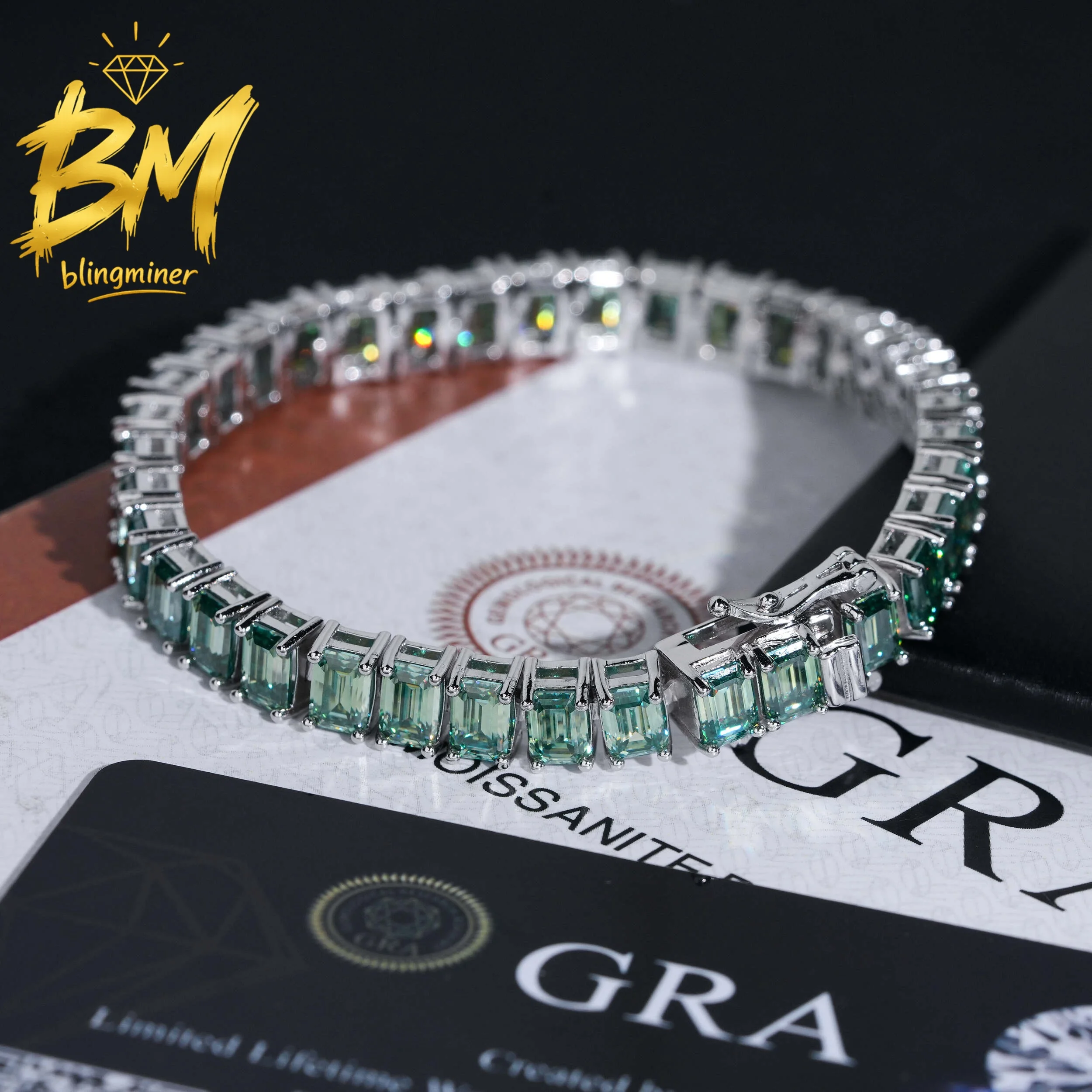 Blingminer 4*6MM Emerald Cut  Moissanite Tennis Chain Bracelet For Men Women S925 Silver Jewelry Pass Diamonds Tester Free Shipp